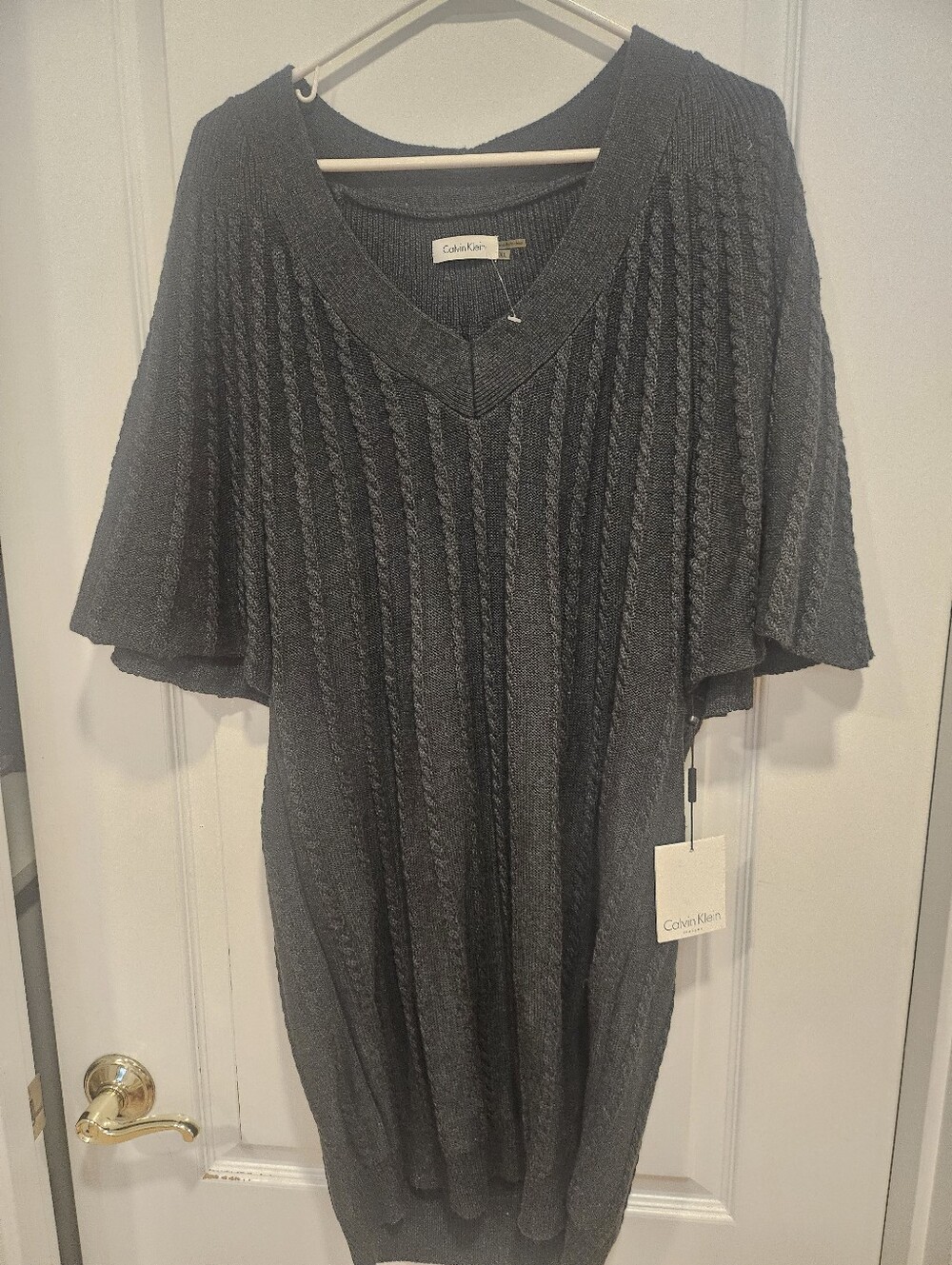 Calvin Klein Charcoal Cable Knit V-Neck Sweater Dress NWT Size XL